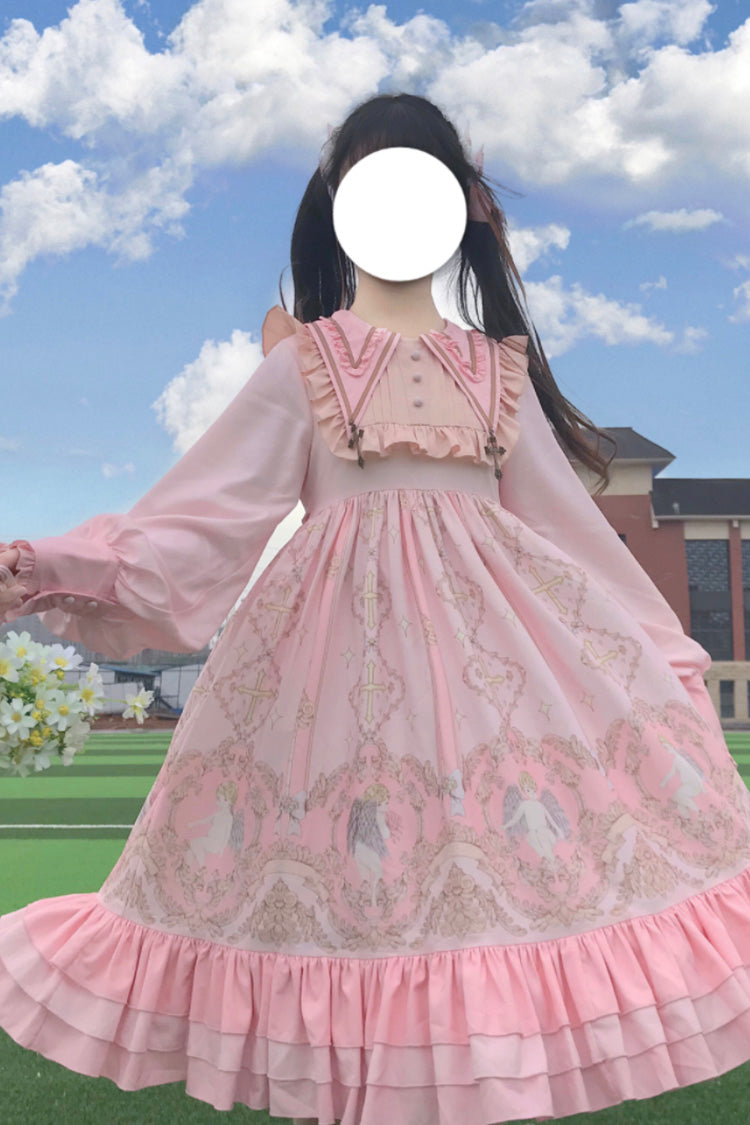 [Angel's Redemption] Long Sleeves Angel Print Ruffle Bowknot Sweet Lolita Dress 3 Colors