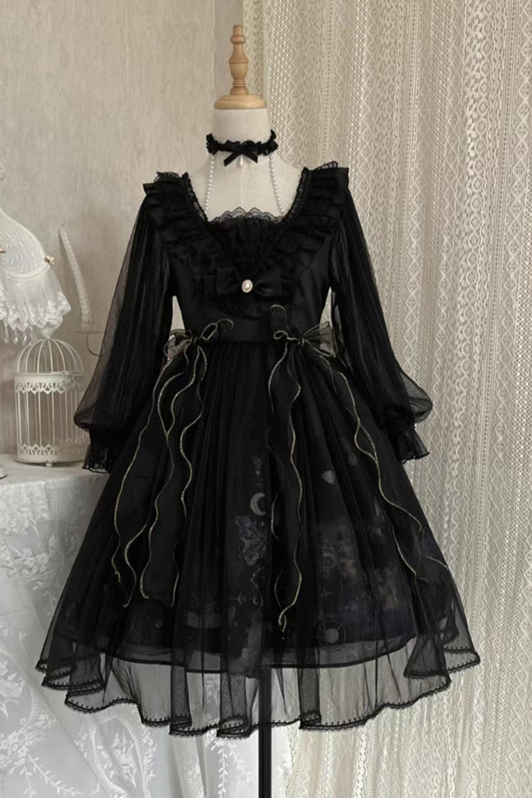 Schwarzes Gothic Lolita Kleid mit Rüschenspitze und Planet-Schmetterlings-Print und hoher Taille