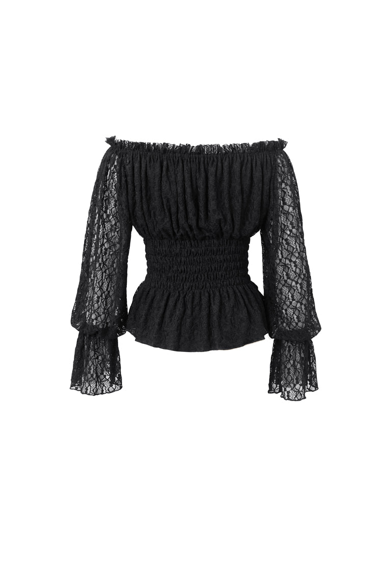 Schwarze schulterfreie Gothic-Bluse mit langen Ärmeln und Rüschenspitze für Damen