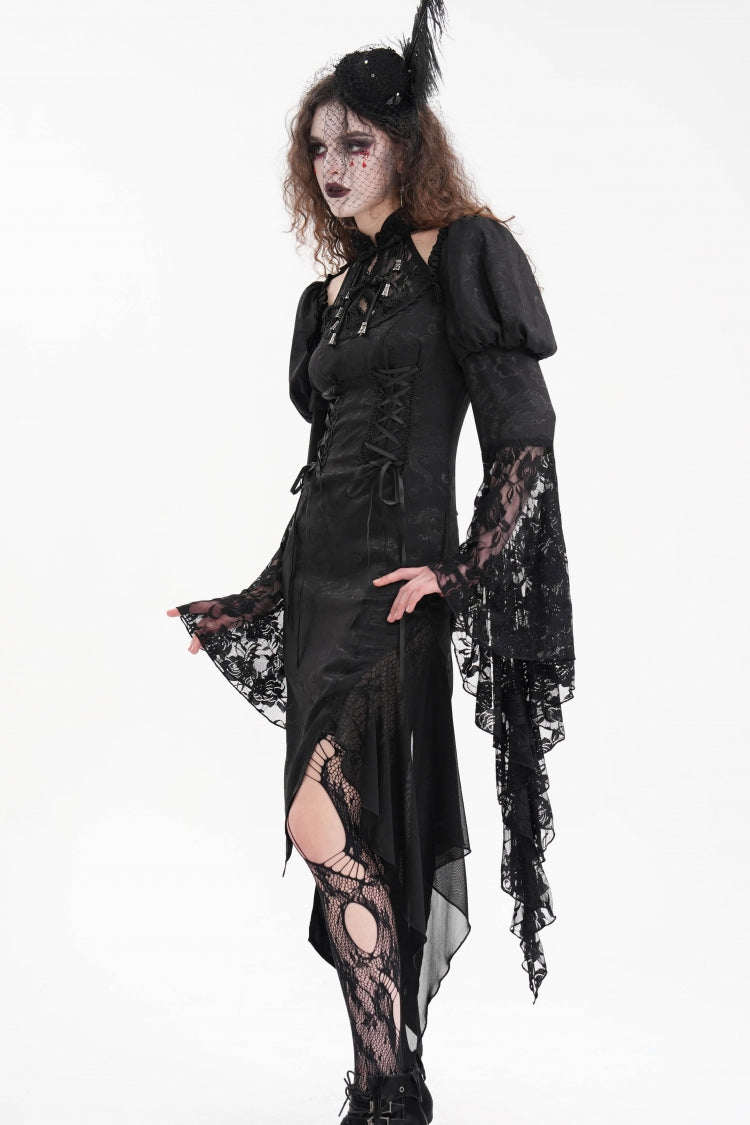 Black Hime Sleeves Hollow Lace Irregular Women's Gothic Dress