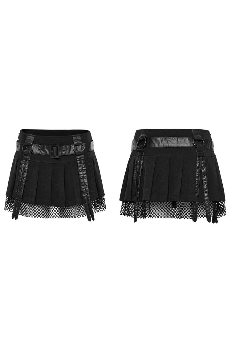 Black Stitching Mesh Straps Pleated Women's Punk Skirt