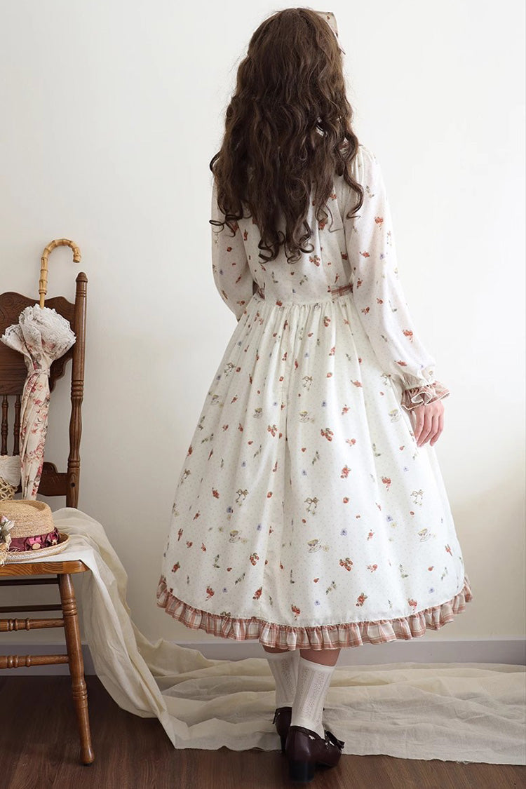 Ivory Round Collar Long Sleeves Print Ruffle Bowknot Sweet Elegant Lolita Dress