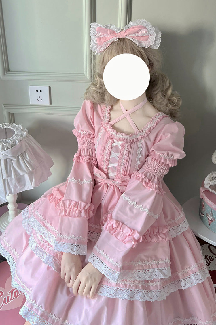 Pink Triple-Layered Detachable Sleeves Bowknot Lace-Up Sweet Lolita Dress