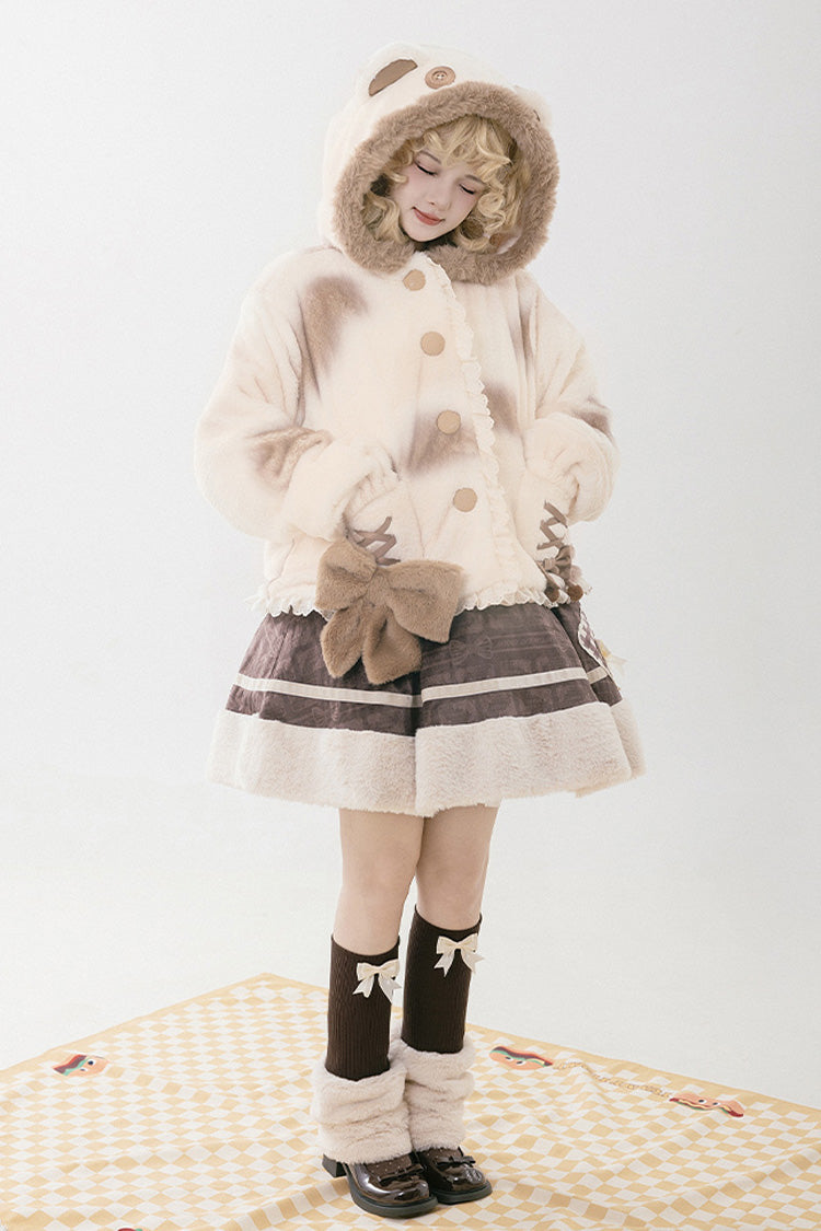 Ivory [Mocha Bear] Print Bowknot Hooded Sweet Lolita Coat