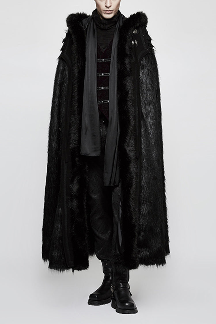 Black Hooded Long Fur Mens Gothic Cloak