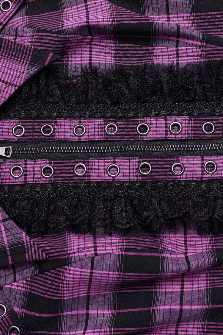 Women's Short Sleeves Plaid Print Hollow Lace Steampunk Blouse 2 Colors