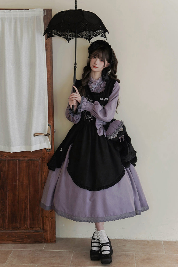 Black/Purple Petal Collar Drawstring Long Sleeves Embroidery Sweet Chinese Style Lolita Dress Two-piece Set