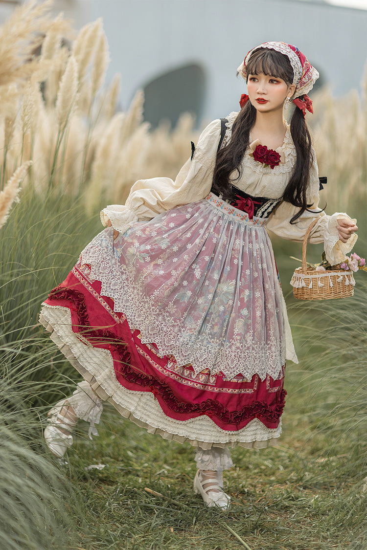 Weinrot [Ode an die Fülle] Beeren- und Vogeldruck Rüschenschleife Samt Klassisches Lolita Brustunterstützung Jsk Kleid