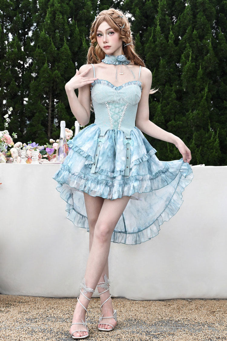 Blue [Mirrorless Dream] Double-Layered Tie-dyed Print Ruffle Bowknot Lace Train Sweet Lolita Jsk Dress