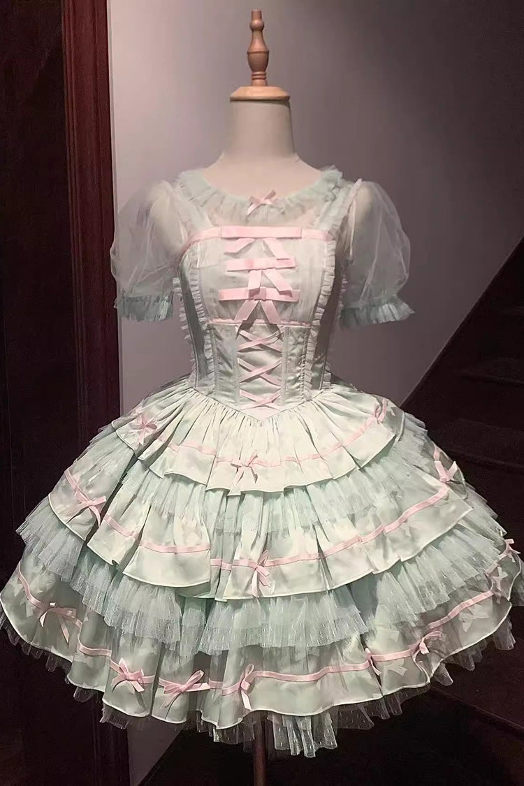 Süßes Lolita-JSK-Ballettkleid mit drei Lagen Rüschen, Schleife und Spitze in Grün mit Fischgrätenmuster (Hemd inklusive)