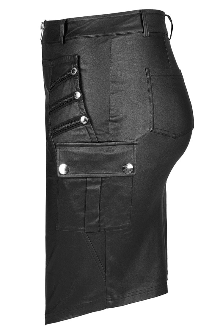 Black Slim Faux-Leather Elasticity Knitted Fabric Pocket Decoration Metal Zipper Sexy Short Women's Plus Size Punk Dress