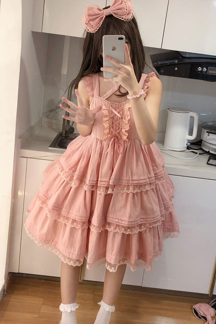 Rosa First Love Süßes Lolita JSK Kleid mit dreilagiger Rüsche und Schleife aus Spitze