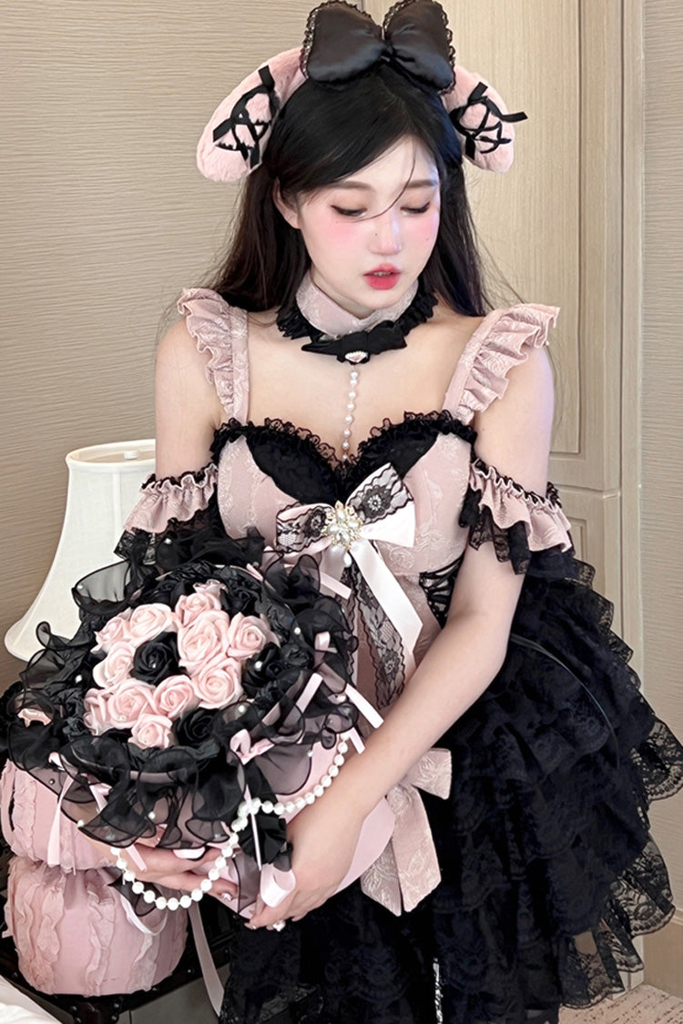 Black/Pink [Blackberry Lover] Multi-Layered Lace Sweet Princess Lolita Skirt Set