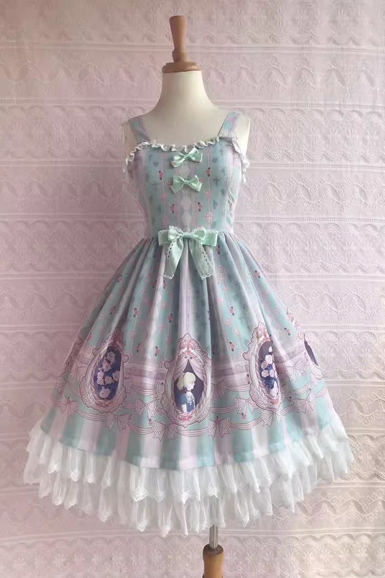 Doppellagiges süßes Lolita-JSK-Kleid mit Rüschen und Schleife im Rose Lover's Dream-Print, 3 Farben