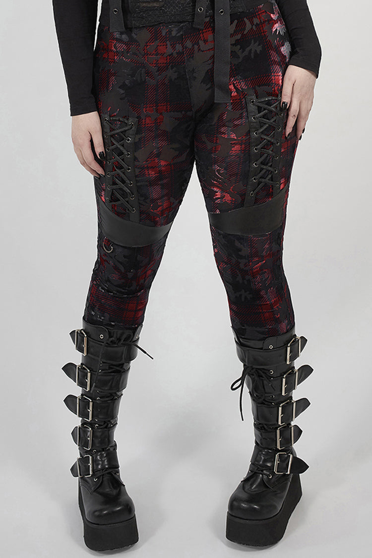 Red Plaid Plus Size Front Splice Imitation Leather Lace-Up Classic Printing Women's Punk Legging