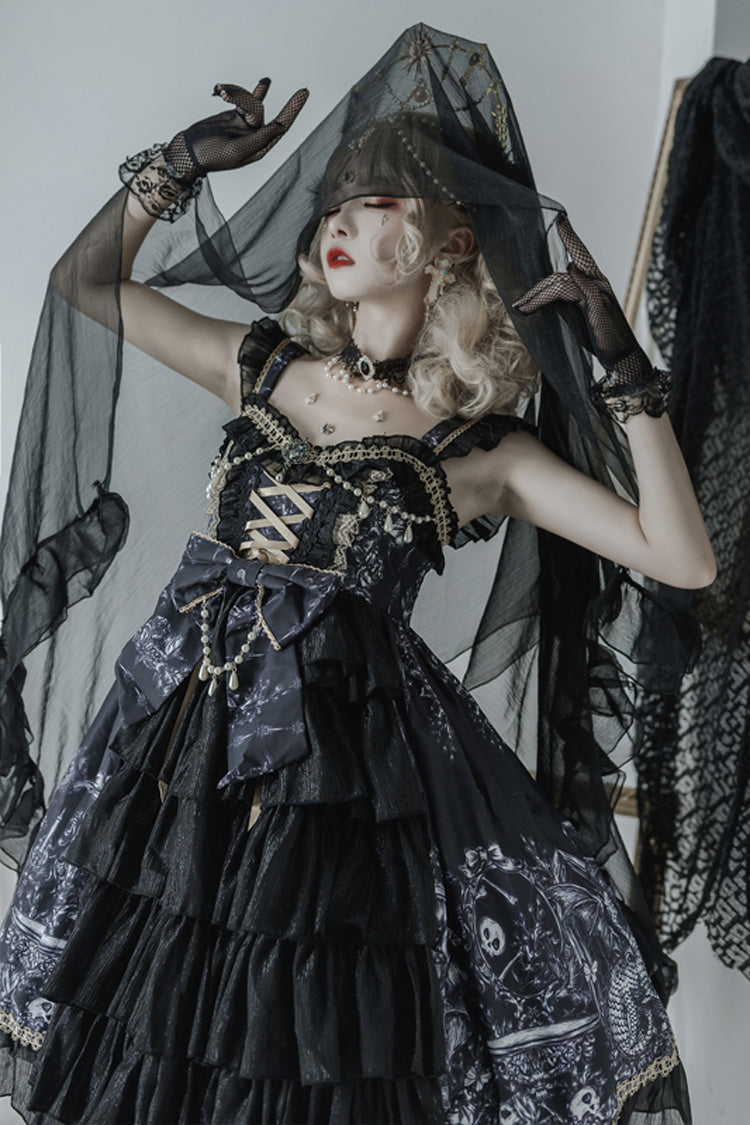 Schwarzes Rüschen-Cardigankleid mit Drachenreiter-Print, Schleife und Spitze, Gothic-Lolita-JSK-Kleid