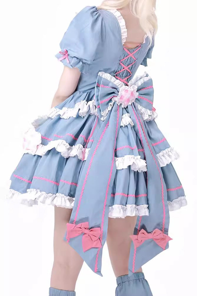 Blue/Pink Garden Party Short Puff Sleeves Multi-layer Ruffle Bowknot Sweet Lolita Dress