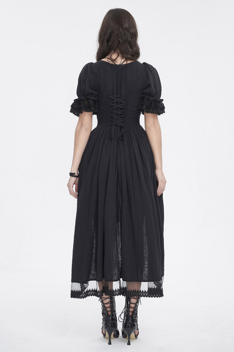 Schwarzes Gothic-Kleid mit kurzen Ärmeln und Rüschen und Kordelzug für Damen