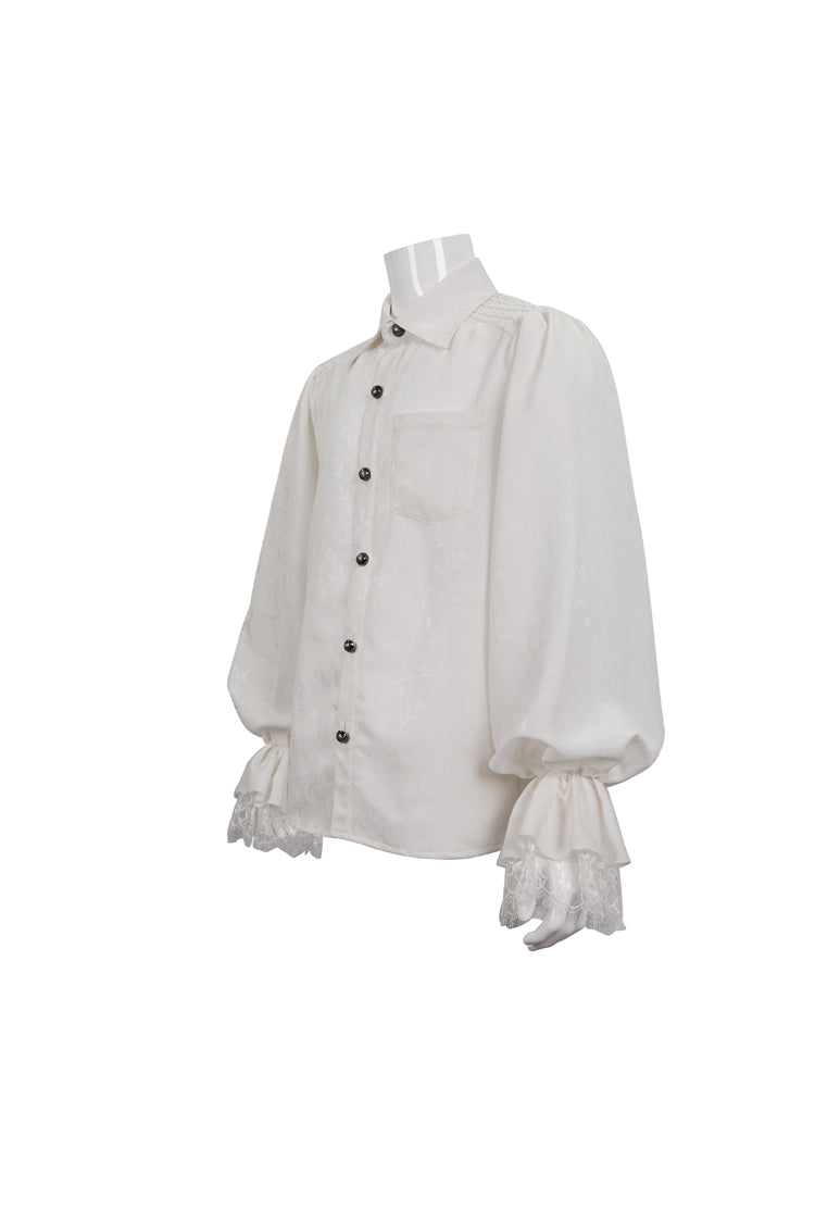 White Lapel Collar Puff Sleeved Lace Hem Men's Gothic Shirt