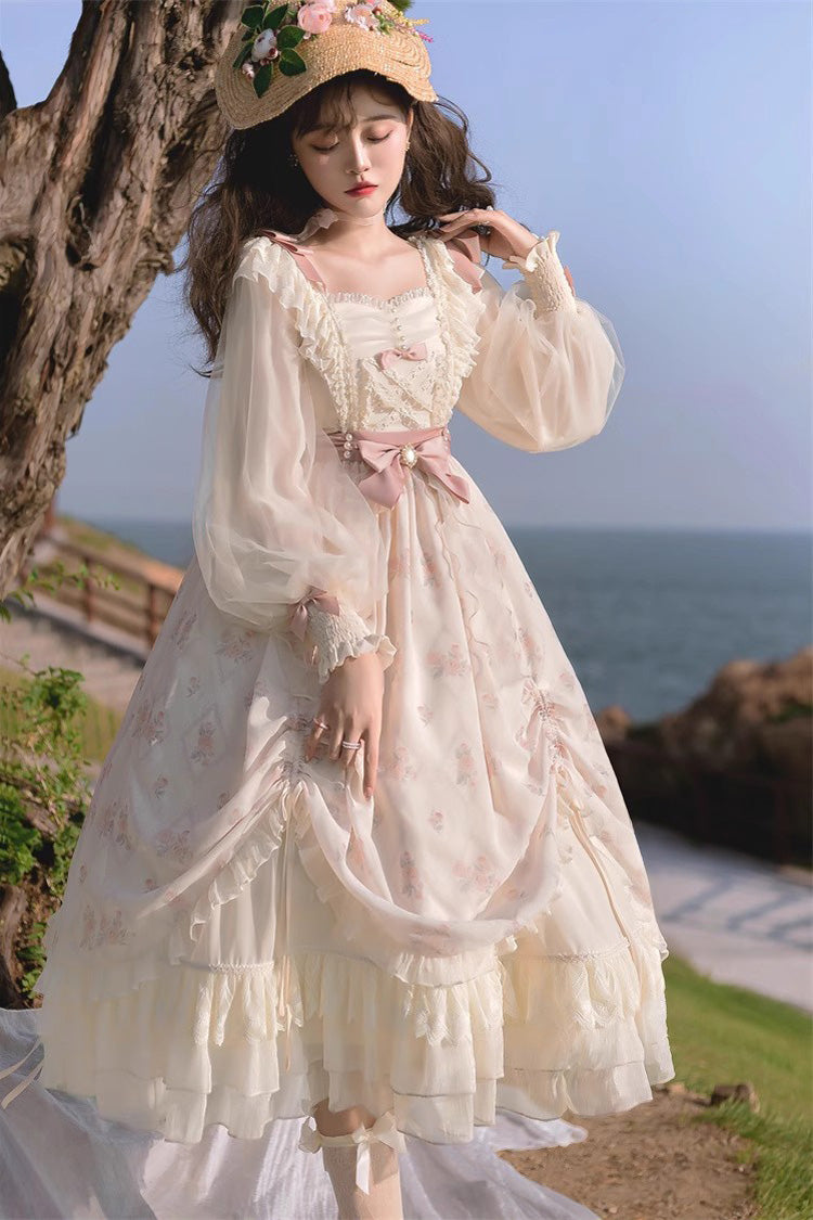 Elfenbeinfarbenes Lolita-Kleid mit mehrlagigem Druck, Rüschen und Schleife, süß und elegant