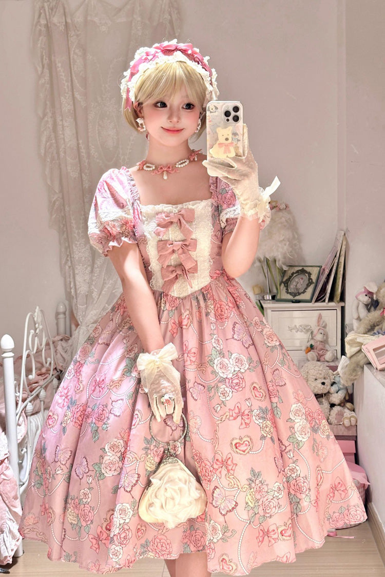 Pink Gem Rose Print Short Puff Sleeves Ruffle Bowknot Sweet Plus Size Lolita Dress