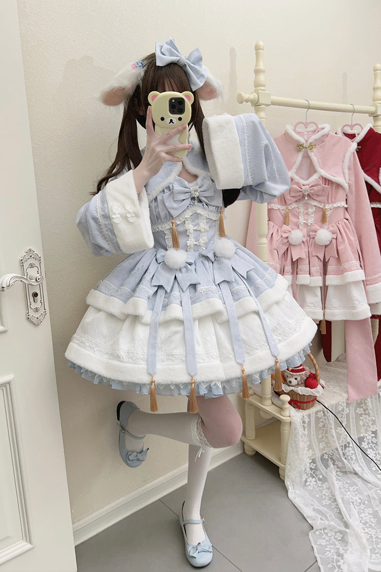 Blue [Snow Rabbit] Long Sleeves Ruffle Bowknot Fake Two Pieces Sweet Lolita Dress