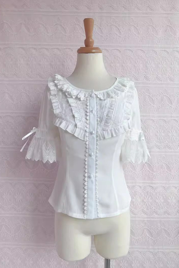 Chiffon Rundkragen Kurze Ärmel Spitze Süße Lolita Bluse 2 Farben