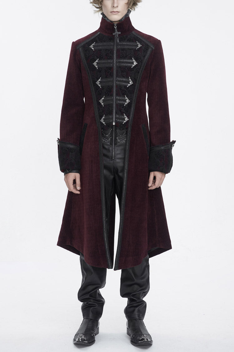 Red Stand Collar Long Sleeves Embroidery Slim Men's Gothic Coat