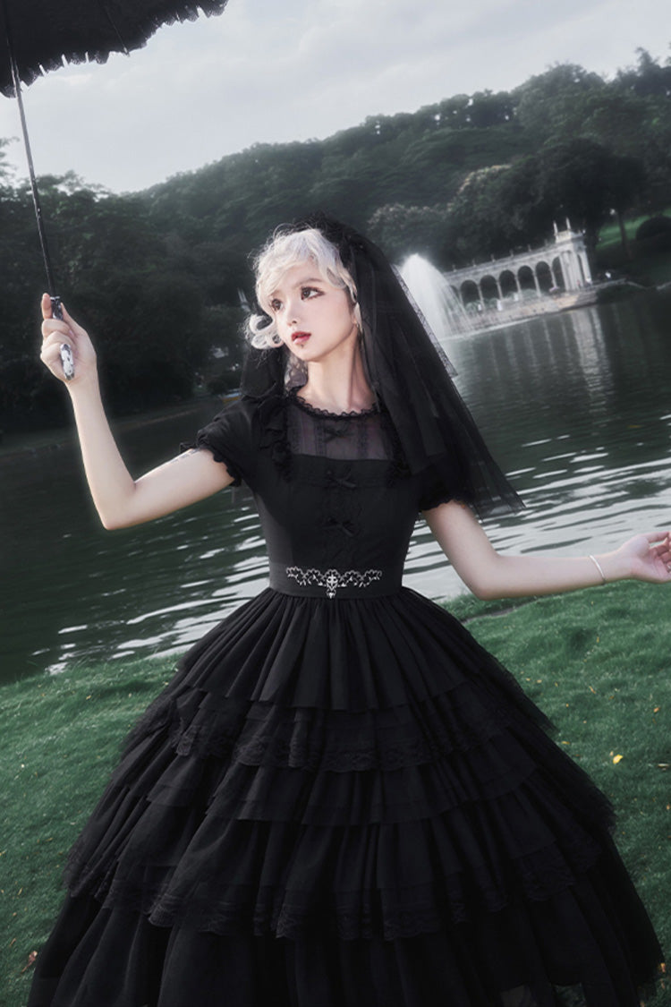 Schwarzes Twin Ivory Towers kurzärmliges fünflagiges Gothic Lolita-Kleid mit Rüschen