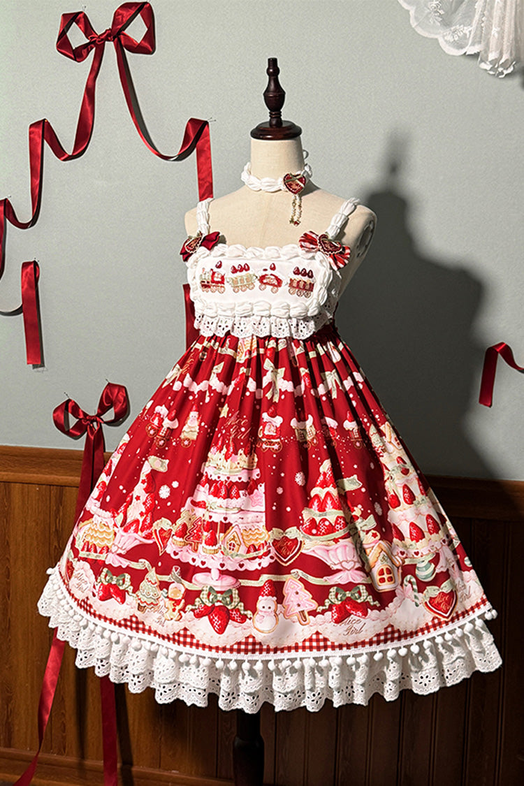 Süßes Lolita JSK-Kleid mit Rüschen und Schleife, Mint, Erdbeer-Dessert-Print, hoher Taille, 4 Farben