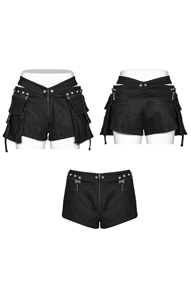 Black Pocket Rivet Buckle Women's Punk Shorts