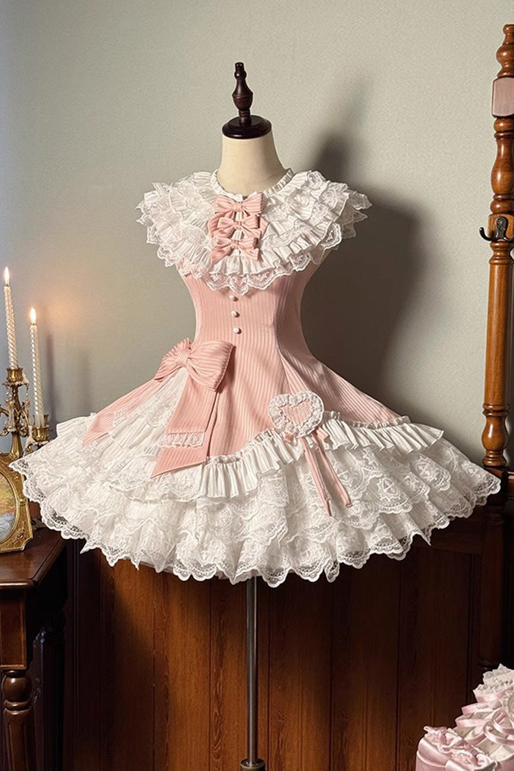 Pink [Miss Tsundere] Sleeveless Multi-Layered Ruffle Bowknot Lace Asymmetric Sweet Princess Lolita Dress