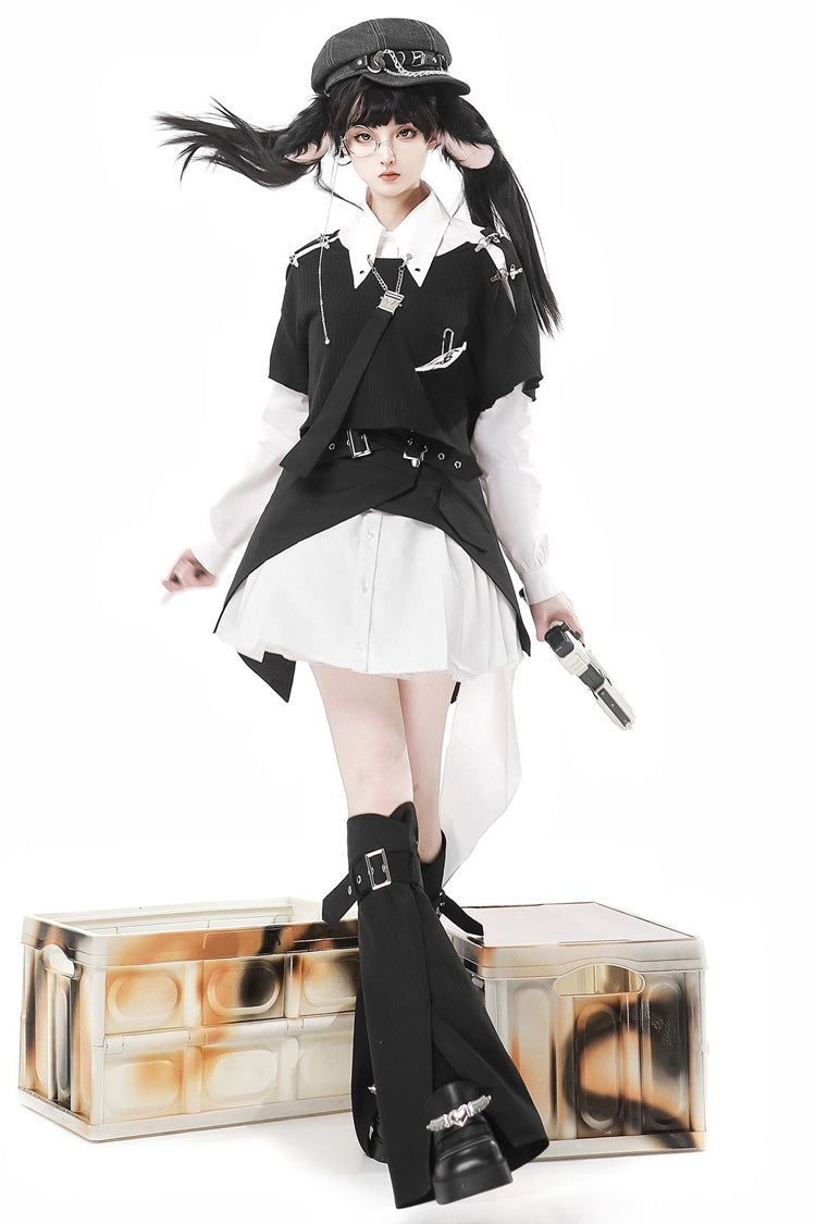 Black/White Cute Rabbit Sheriff Long Sleeves Slim Sweet Military Lolita Dress Set