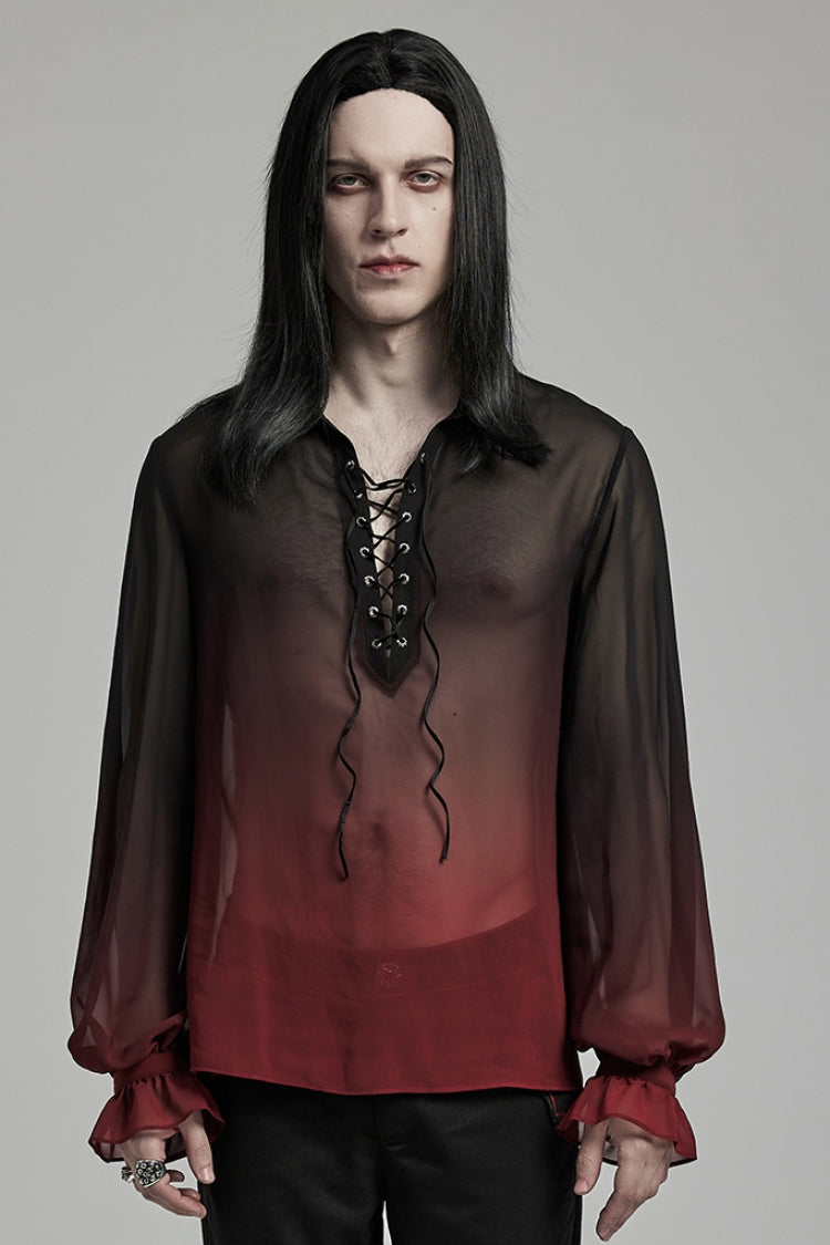 Black/Red Lapel Collar Gradient Sheer Men's Gothic Blouse