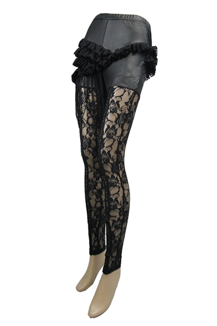 Black Knitted Base Cloth Rose Flower Net Material Asymmetric Lace Hip Transparent Women's Gothic Leggings