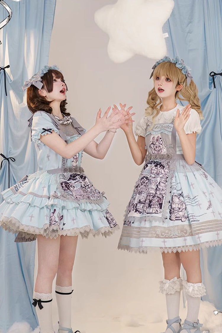 Light Blue Doll Theater Print Ruffle Lace Sweet Lolita Jsk Dress