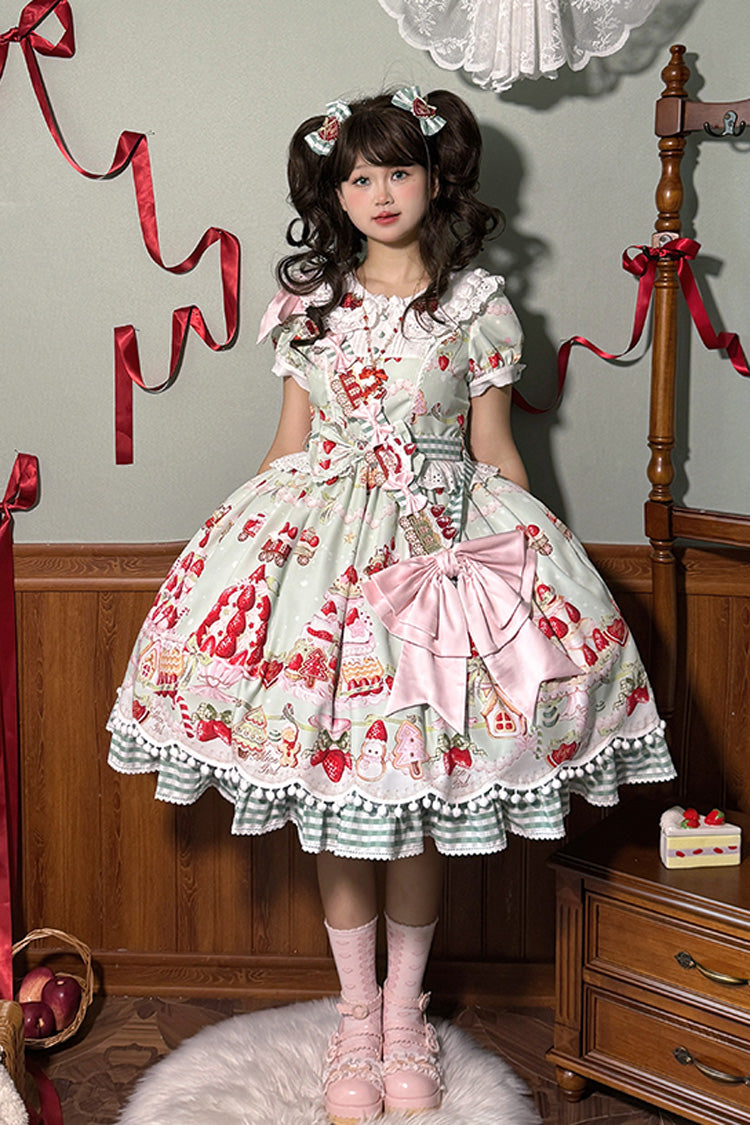 Mint Strawberry Dessert Puppenkragen Kurze Ärmel Druck Rüschen Bowknot Süßes Lolita Kleid 4 Farben