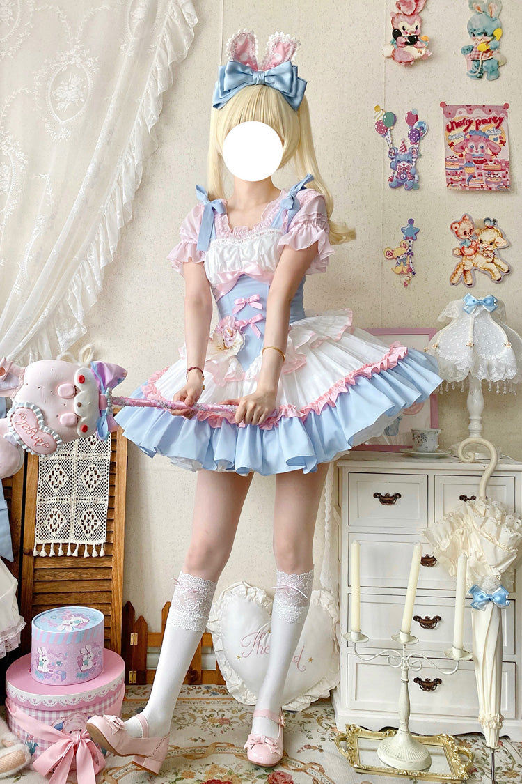 Light-Blue/Pink/White [Fairy Tale Overture] Triple-Layered Ruffle Bowknot Fishbone Sweet Ballet Lolita Dress