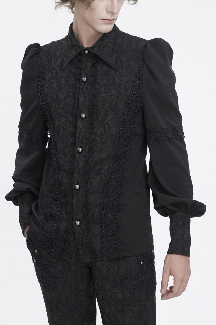 Black Lapel Collar Lantern Sleeves Jacquard Embroidery Men's Gothic Blouse