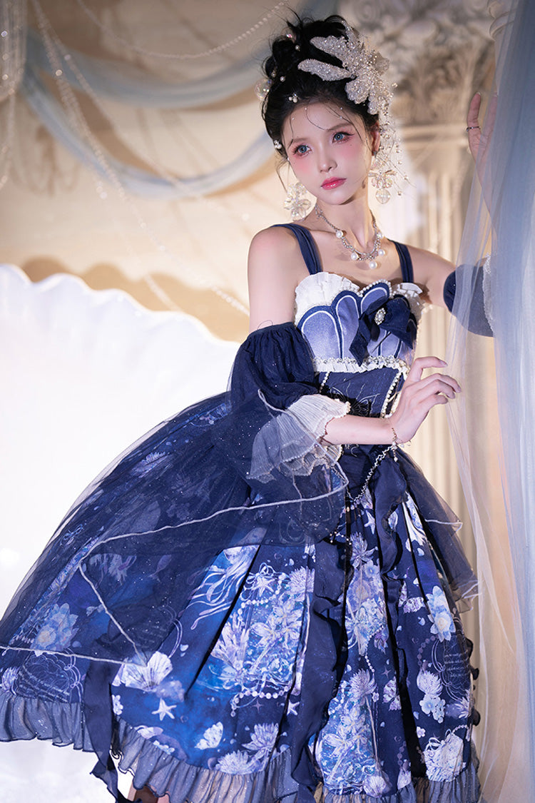 Blue [Deep Sea Jellyfish] Print Ruffle Lace Sweet Elegant Lolita Jsk Dress