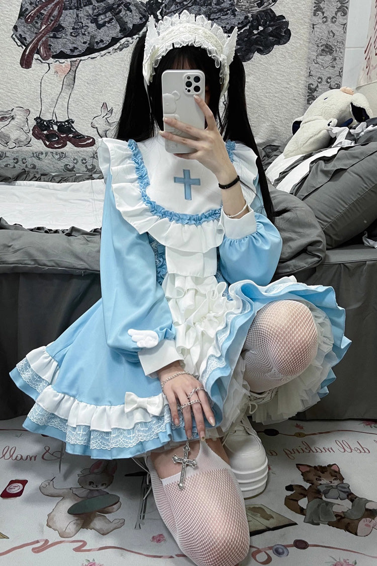 Weiß/Blaues Lolita-Kleid mit langen Ärmeln, mehrlagigem Kreuzdruck und Rüschen im Nonnenstil