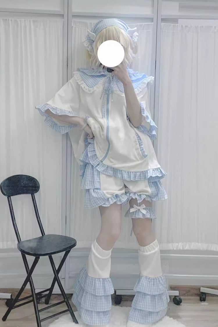 White/Blue Heart Signal Half Sleeves Plaid Print Hooded Sweet Jirai Kei Japanese Coat