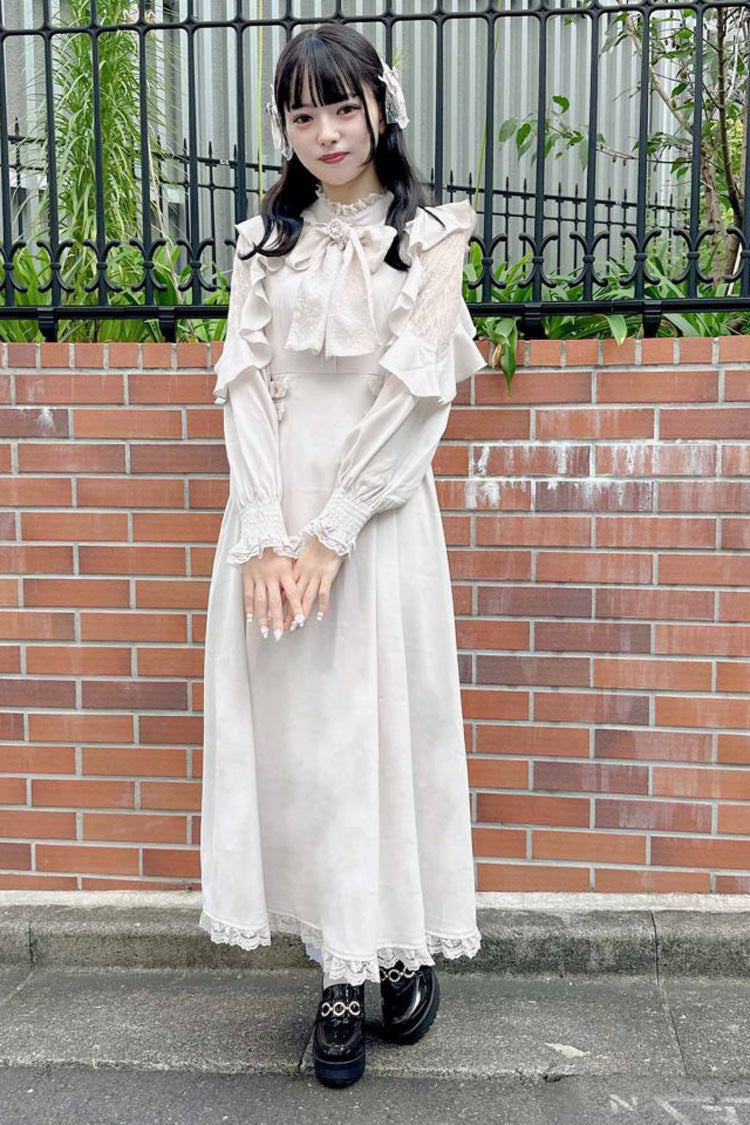 White Stand Collar Off Shoulder Long Sleeves Hollow Bowknot Slim Jirai Kei Japanese Dress