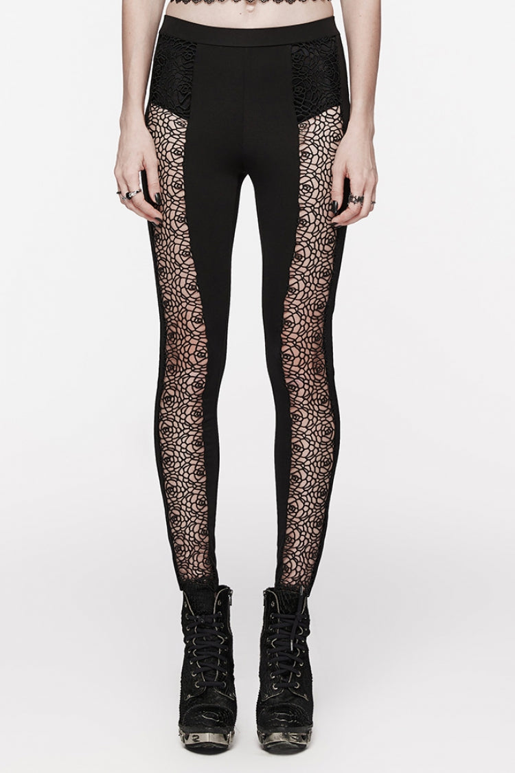 Schwarze, schmale Gothic-Leggings mit Blumendruck und Hohlnähten aus Spitze für Damen