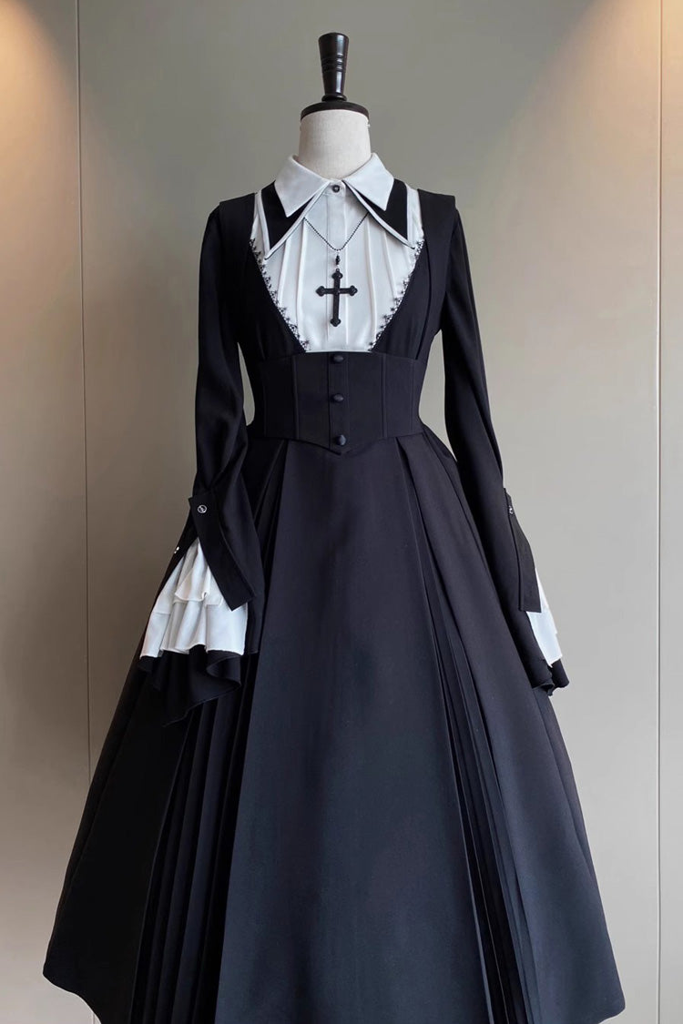 Black Cross Salute Nun Long Sleeves Ruffle Plus Size Gothic Lolita Strap Dress Set