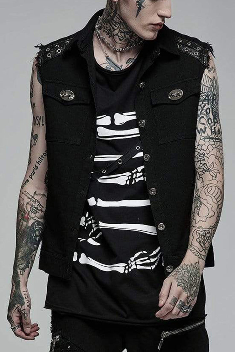 Black Punk Elastic Twill Fabric Featured Flap Pocket Metal Accessories Sleeveless Men's Vest