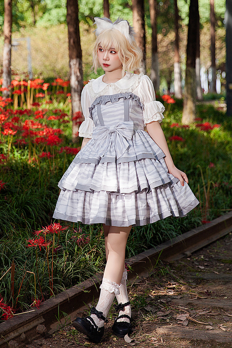 Grey [Cloth Cat] Triple-Layered Print Ruffle Bowknot Sweet Lolita Dress