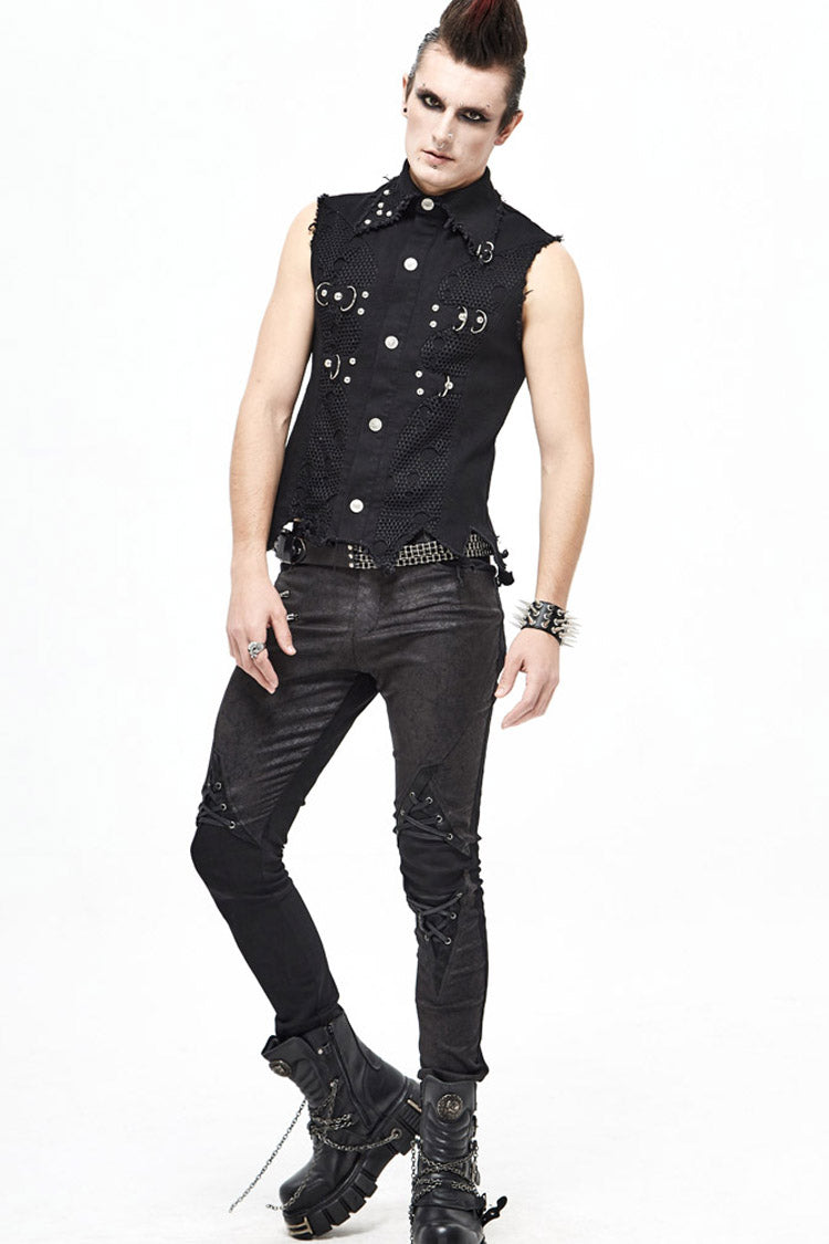 Black Worn Out Twill Mesh Decoration Rough Selvedge Hem Heavy Metal Men's Punk Waistcoat