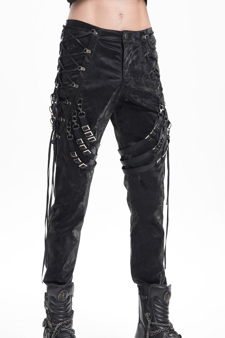 Black Buckle-up Spaghetti Straps Stitching Men's Gothic Pants