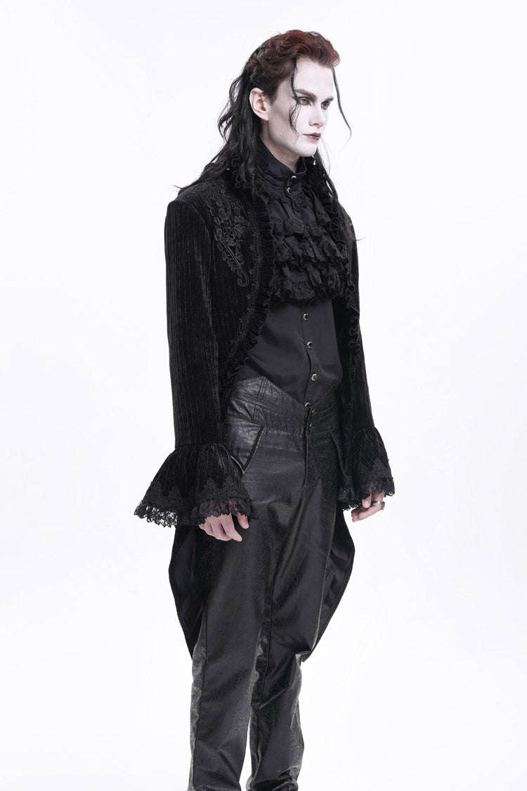 Black Stand Collar Swallow-tailed Long Sleeves Lace Men's Gothic Jacket